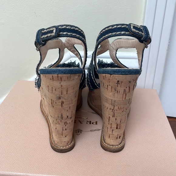 Prada | Denim Fringe Cork Wedges Size 37 Blue White Stitched - Picture 5 of 12